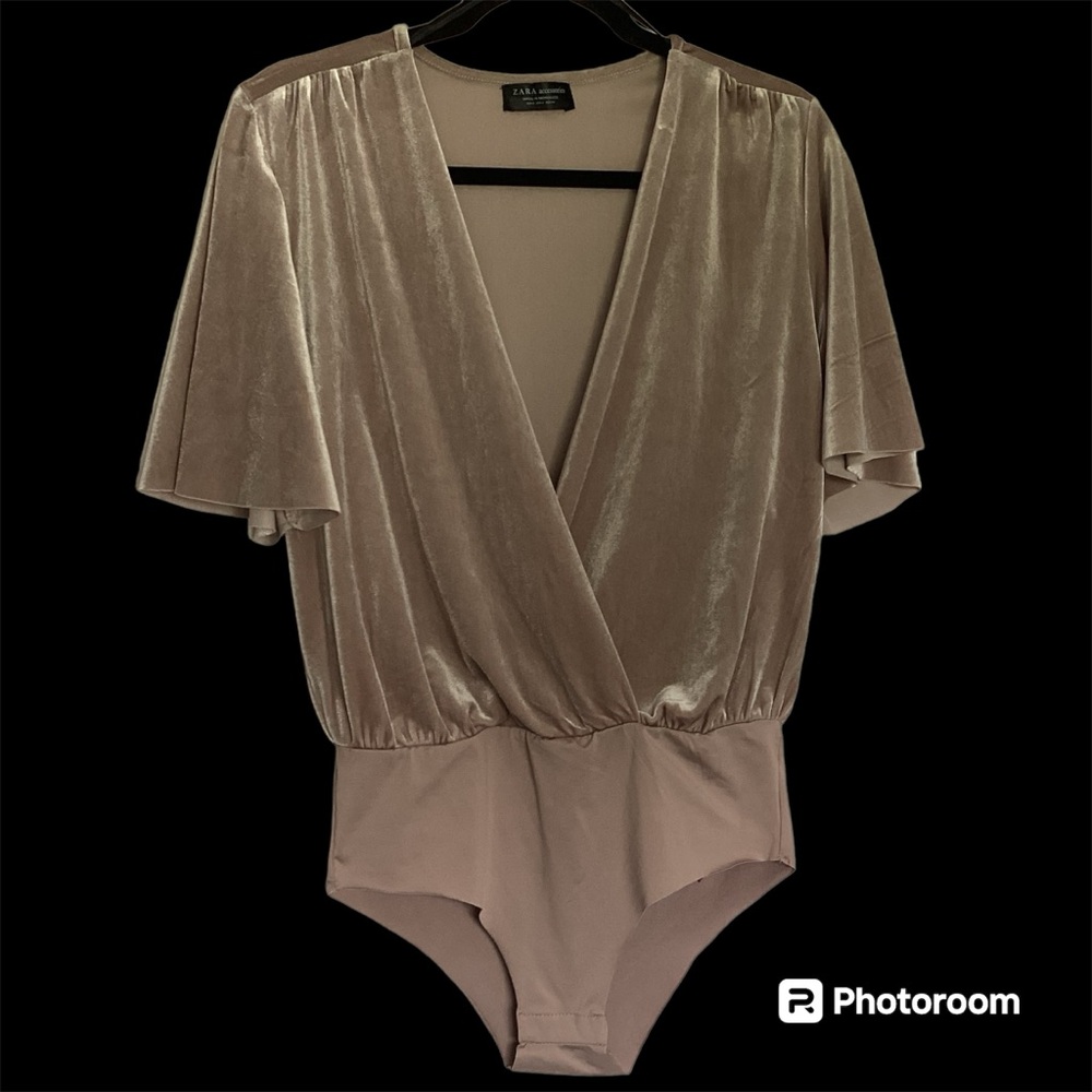 Zara Beige Velour Deep-V Wrap Bodysuit